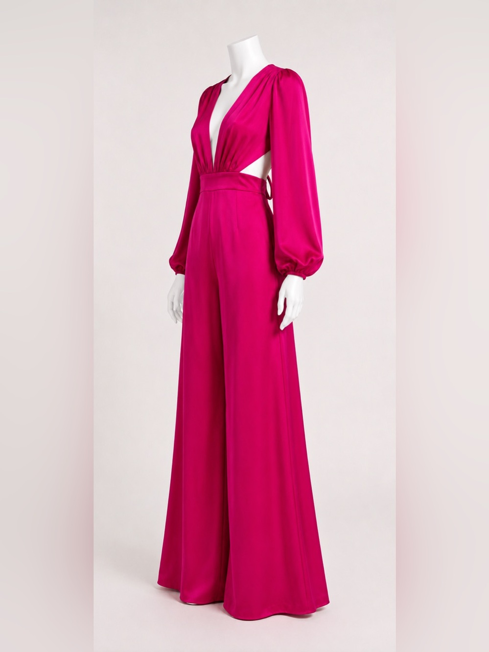 AKIRA *NWT* Fuchsia Hot Pink Satin Cutout Wide-Leg Jumpsuit | Open Back | Sz S